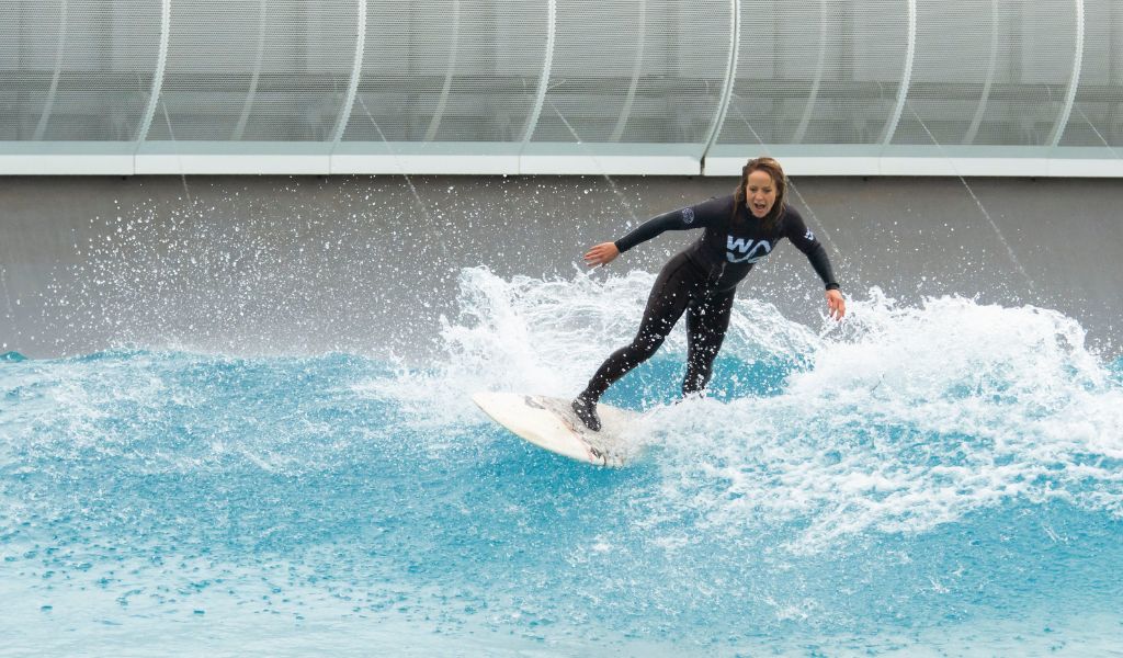Jenny Jones surfs The Wave in Bristol (Credit: The Wave/TNR)